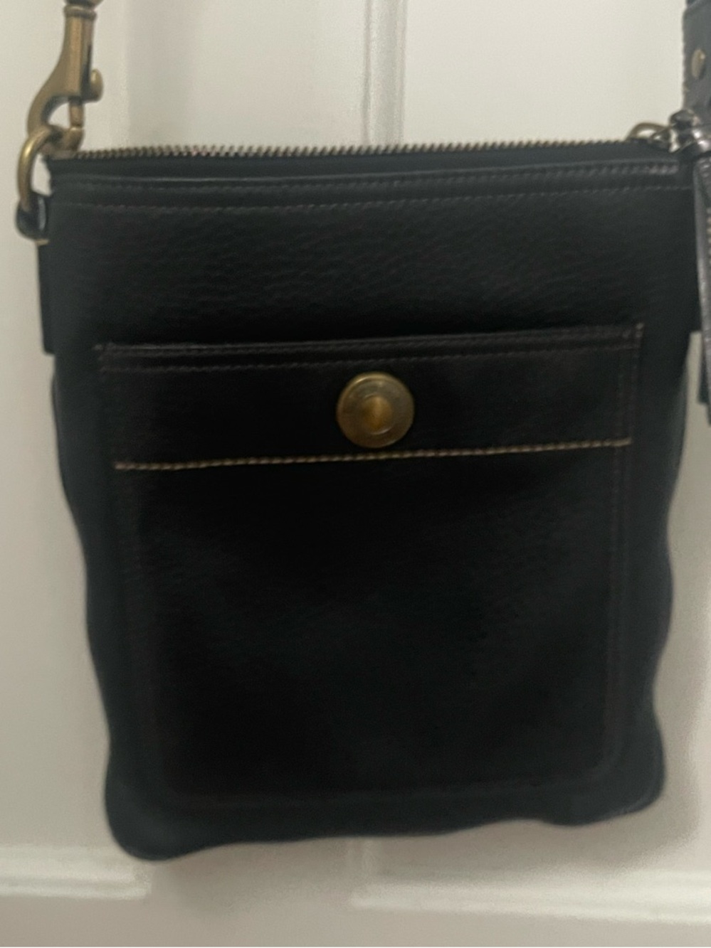 Coach Compact Black Leather Crossbody Bag with Brass Accent